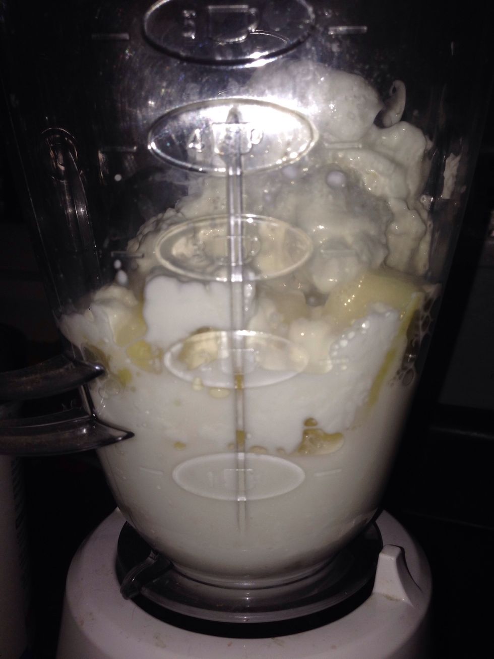 Then I add one cup of fat free Greek yogurt and 1 cup of 1% milk.  You can use almond milk or skim ( ewwww ) I use 1%... Because that's how I roll.