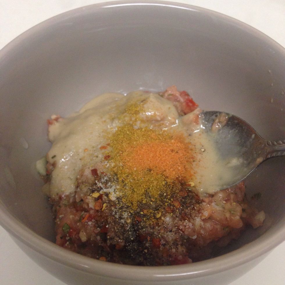 Then I added: tahini, spices (curry powder, black pepper, garlic salt, pepper flakes and cumin) , and lemon. Mix them well.