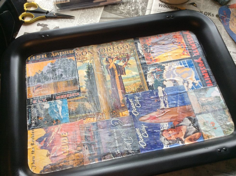 Then I applied my adhesive medium. I brushed the adhesive on the back side, piece by piece and laid into place. I then brushed a whole coat of adhesive medium over the top of the entire collage.