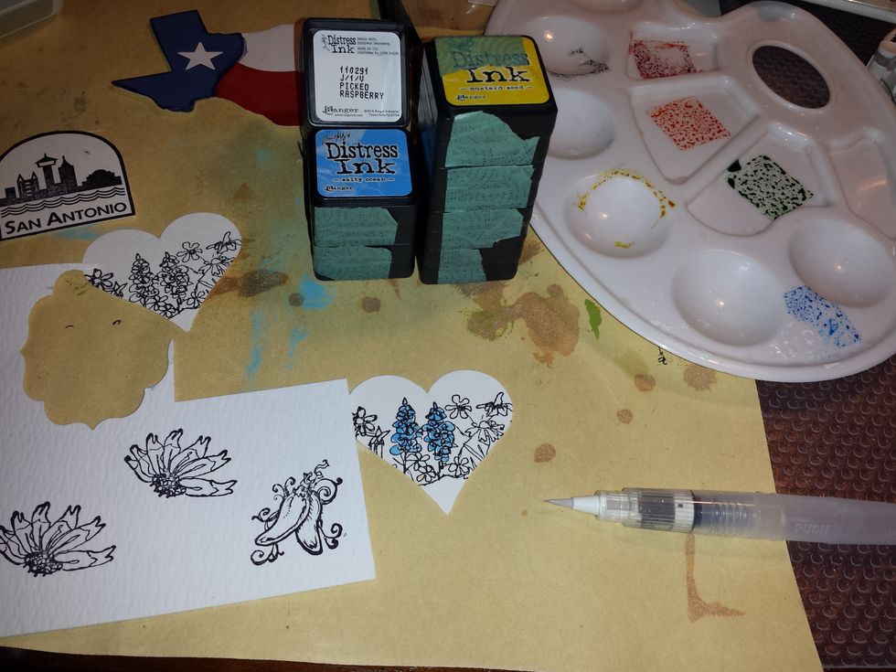 Then, I did some watercoloring using TH's distressing inks and the Compendium of Curiosities' techniques. And punched out a heart using a Fiskars punch.