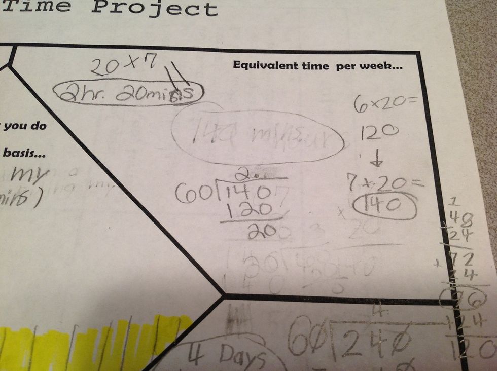 Then I divided how many minutes by 60 to find out how many hours. 140 mins / 60 = 2 hours 20 mins