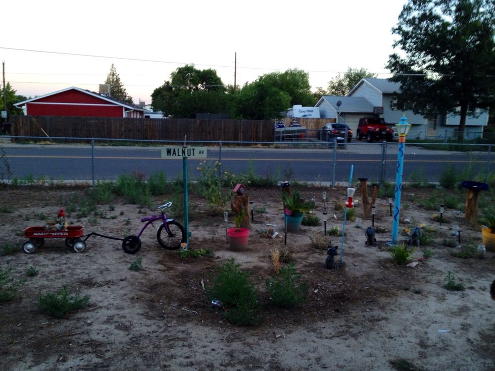 Then I found an old street sign and an old wagon and tri-cycle. Sanded them and painted them. This is what my yard looks like now. We love to set out and watch the lights come on and change colors.