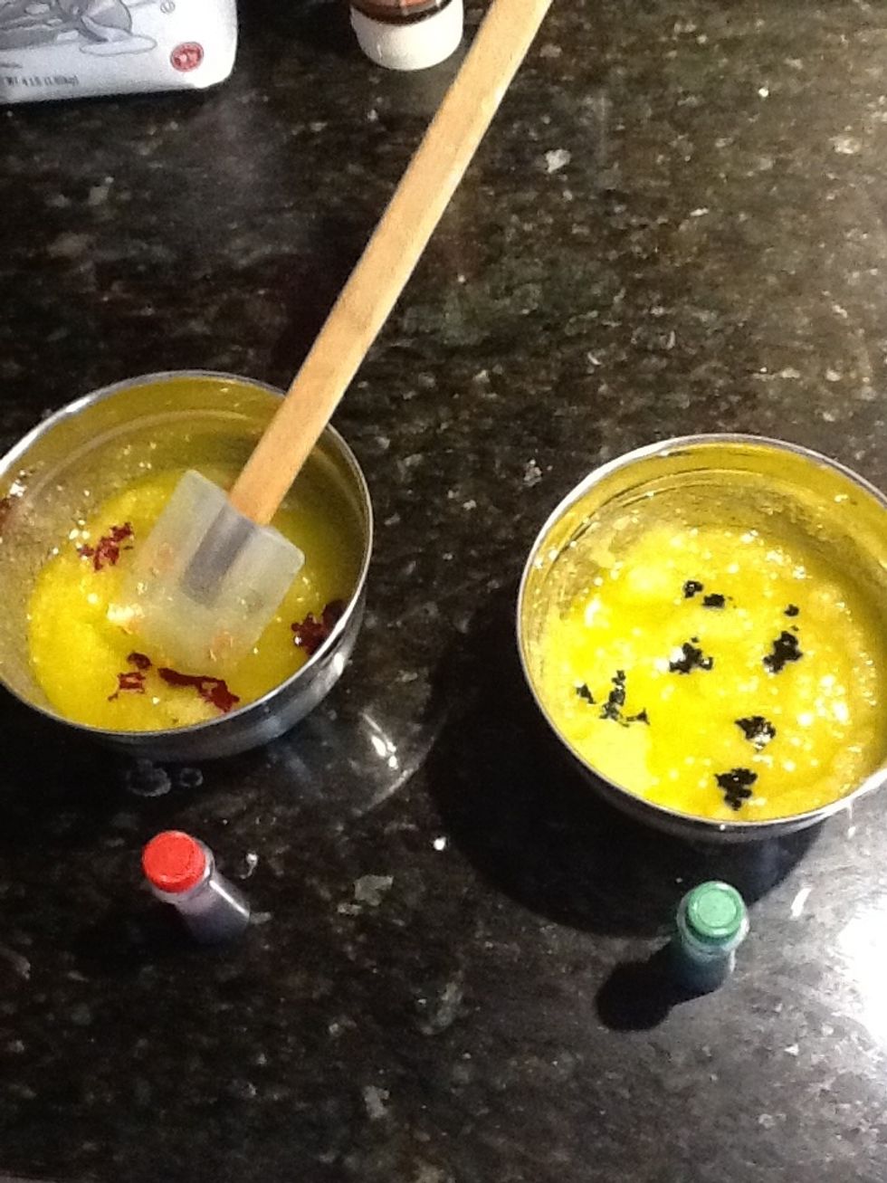 Then I put around 5 drops of food coloring into the bowls(I made this as a Christmas gift so thats why it's red and green)