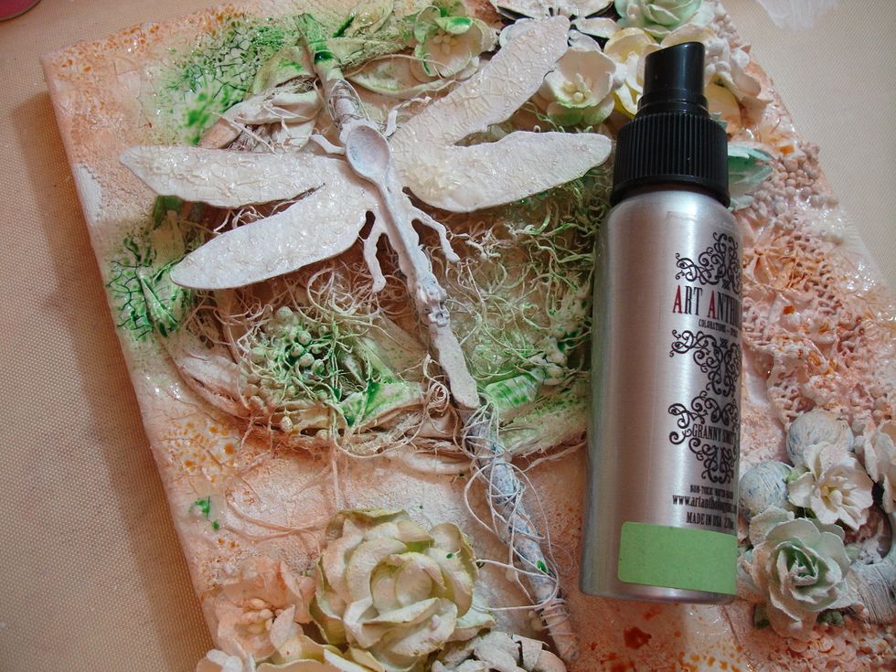 Then I sprayed Granny Smith Colorations behind the Dragonfly, heat dried it with my heating tool.