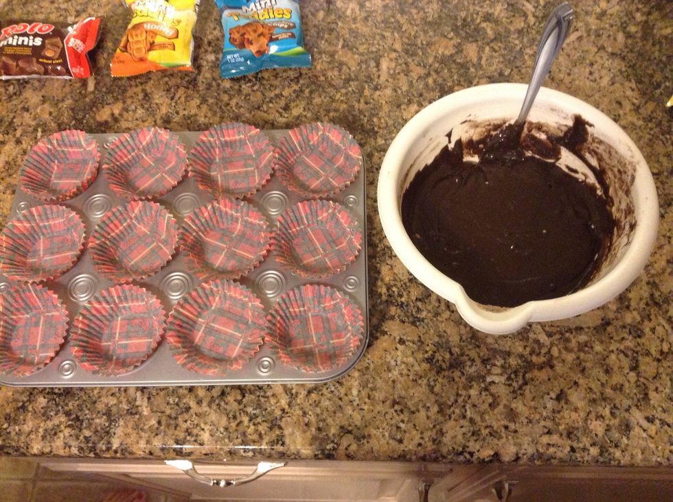 Then in a bowl you put 1 box of brownie mix, 2 eggs, 1/4 cup of water, and 1/2 cup of vegetable oil then mix