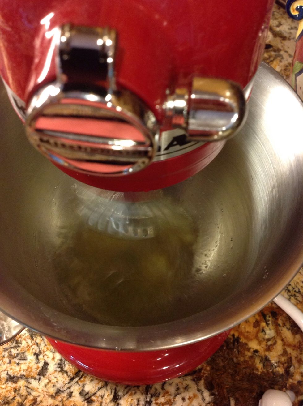 Then, in a separate bowl, beat your egg whites until soft peaks form.