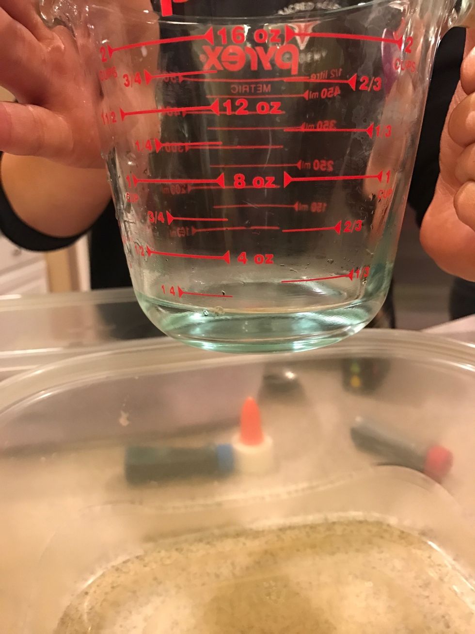 Then in a SEPARATE bowl pour 1/2 cup of room temperature water and 1/6 cup of hot water into the bowl.