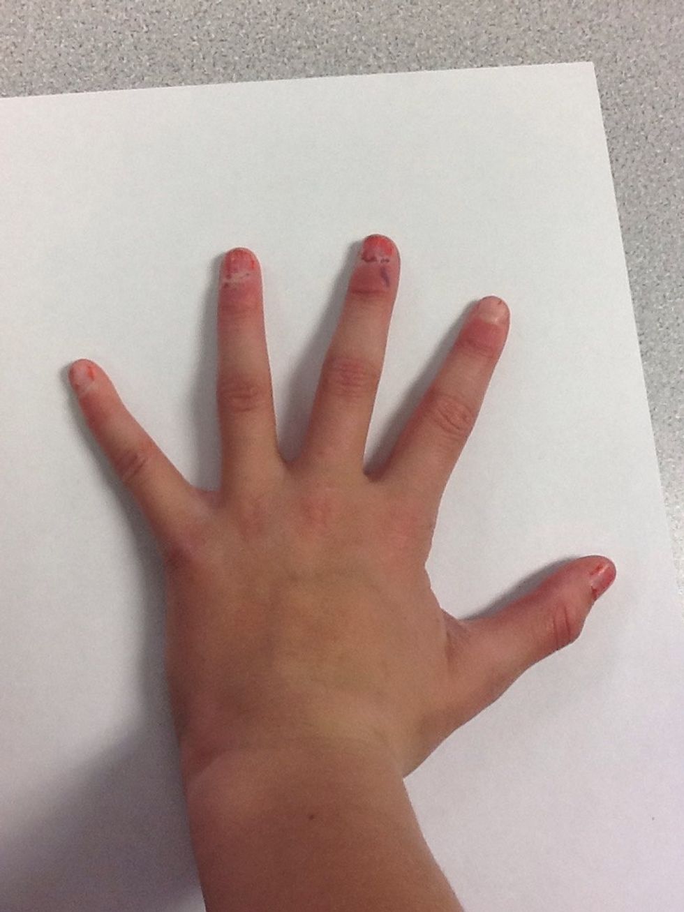 Then lay your hand on the piece of paper. Be sure your hand is on a flat surface. Also you should lay your non-dominant hand so you can trace your hand with your dominant hand.