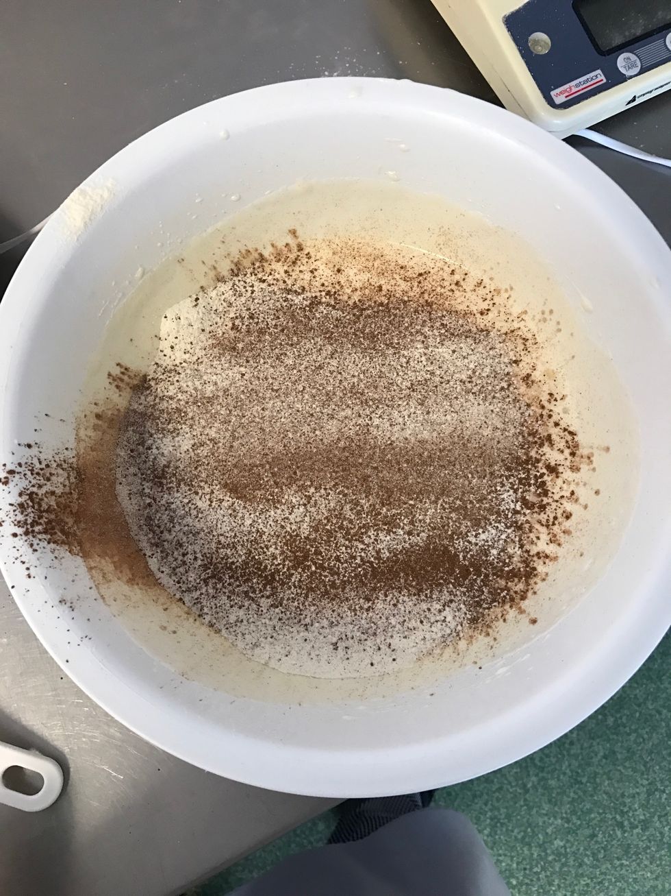 Then lightly sieve half the flour and cocoa powder on to the mixture and fold gently After all the flour and cocoa power is mixed in repeat this process