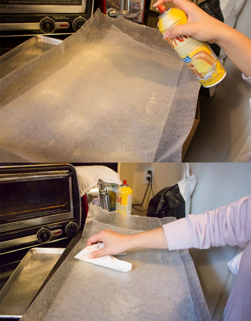 Then line a 10 x 15 inch x 1 inch deep tray with parchment paper and grease with butter, shortening or baking oil spray.