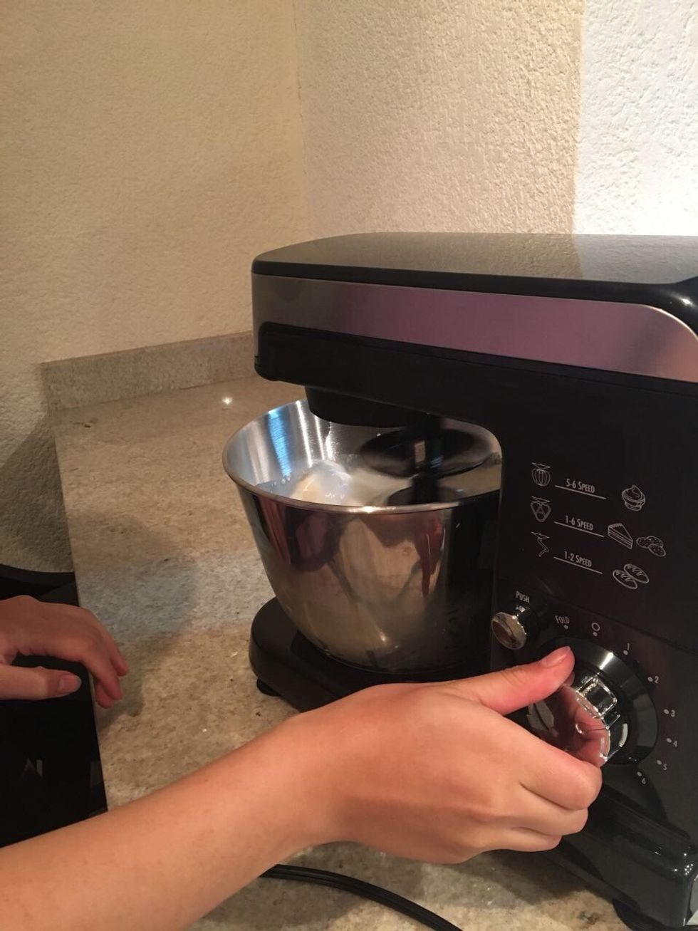 Then, mix all the ingredients in the beater or if you don\u2019t have it you could do it with a whisk