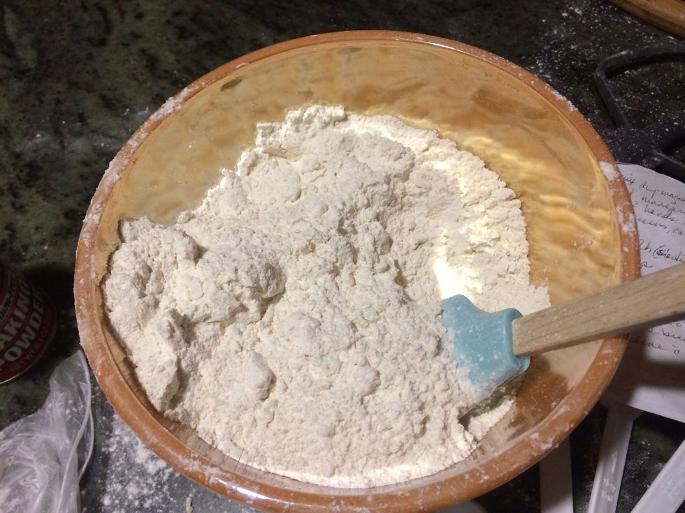 Then mix dry ingredients (flour, sugar, salt, baking powder, baking soda, and cream of tartar)