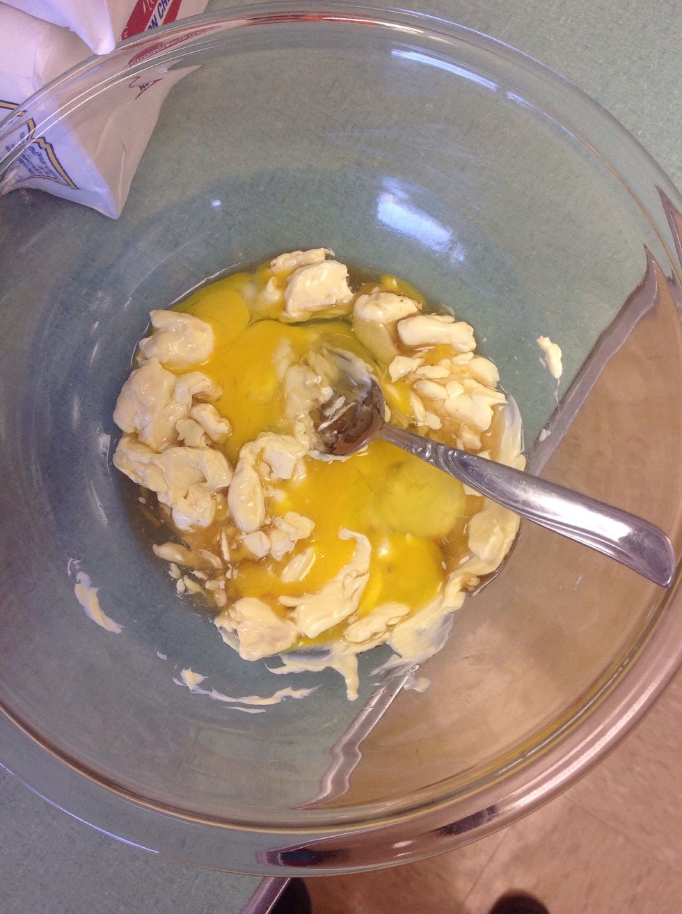 Then mix eggs, vanilla, butter and shortening in a different bowl