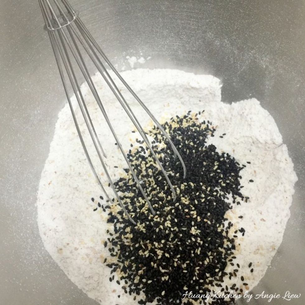 Then mix in the black and white sesame seeds.