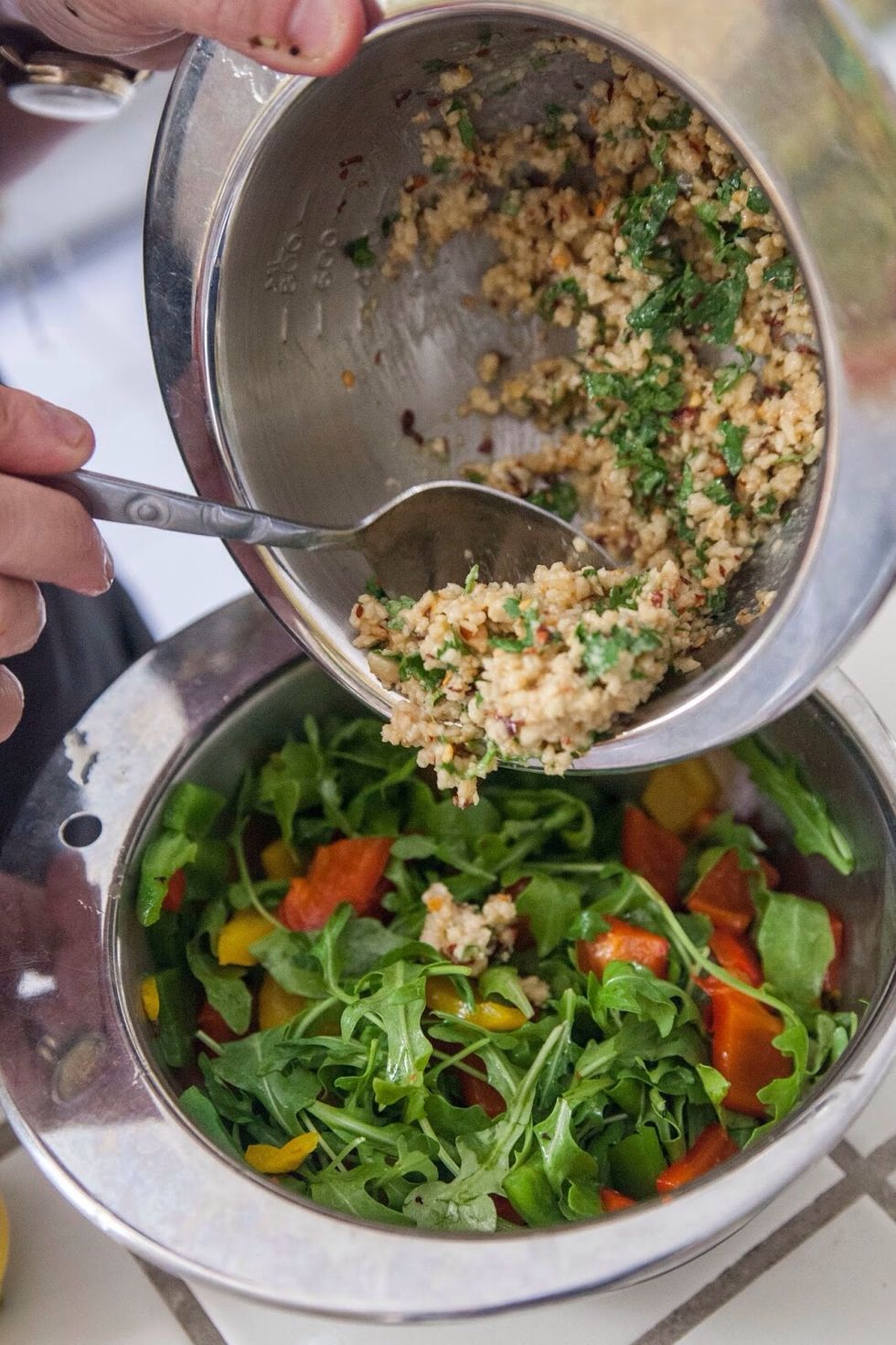 Then mix the Peanut Dressing into the greens and peppers.