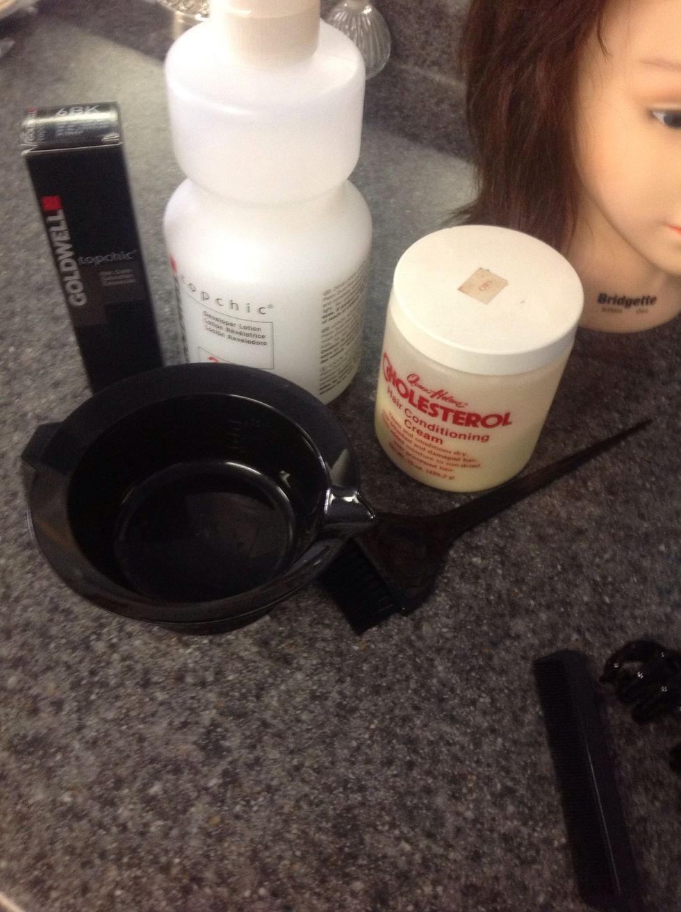 Then mix your color. (Instead of color I used cholesterol because my moms hair did not need to be colored)