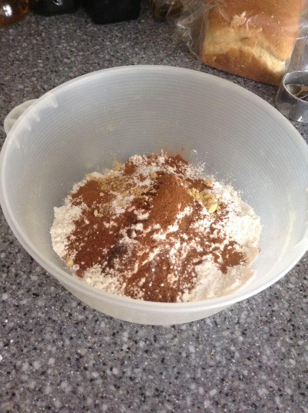 Then mixed together flour, baking powder, baking soda, salt, cinnamon, nutmeg, ginger, & cloves