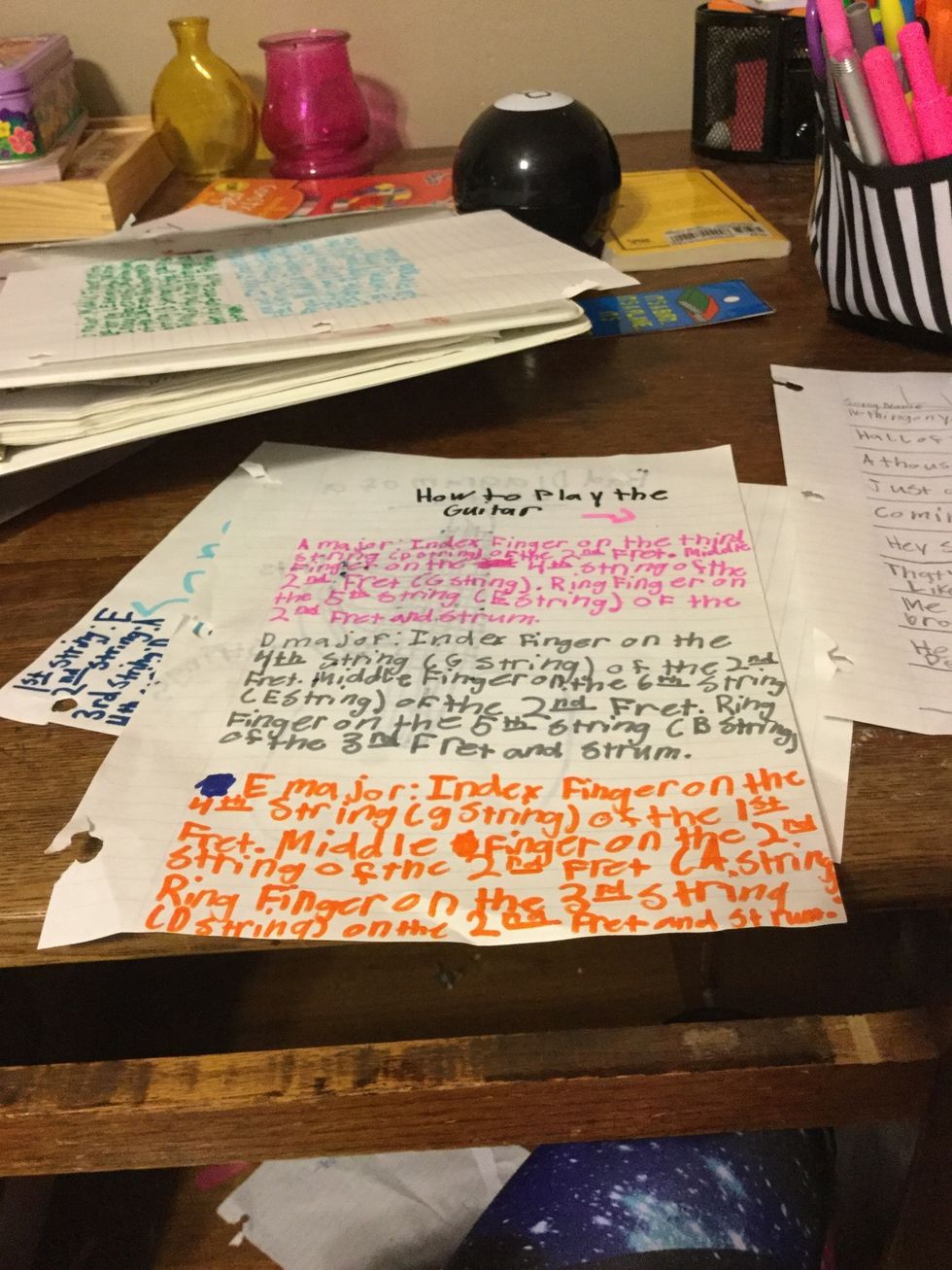 Then on another piece of paper write "How To Play The Guitar" and then I wrote how to do the A major, D major and the E major.