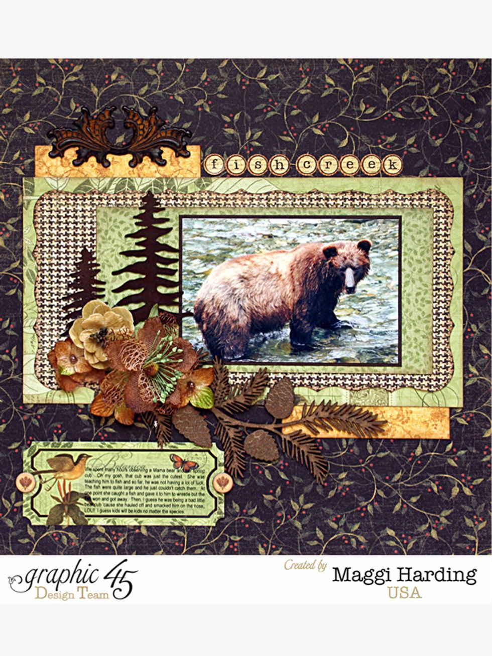 Then on the right side page, add some trees and the pine branch. Embellish with flowers or whatever you have.