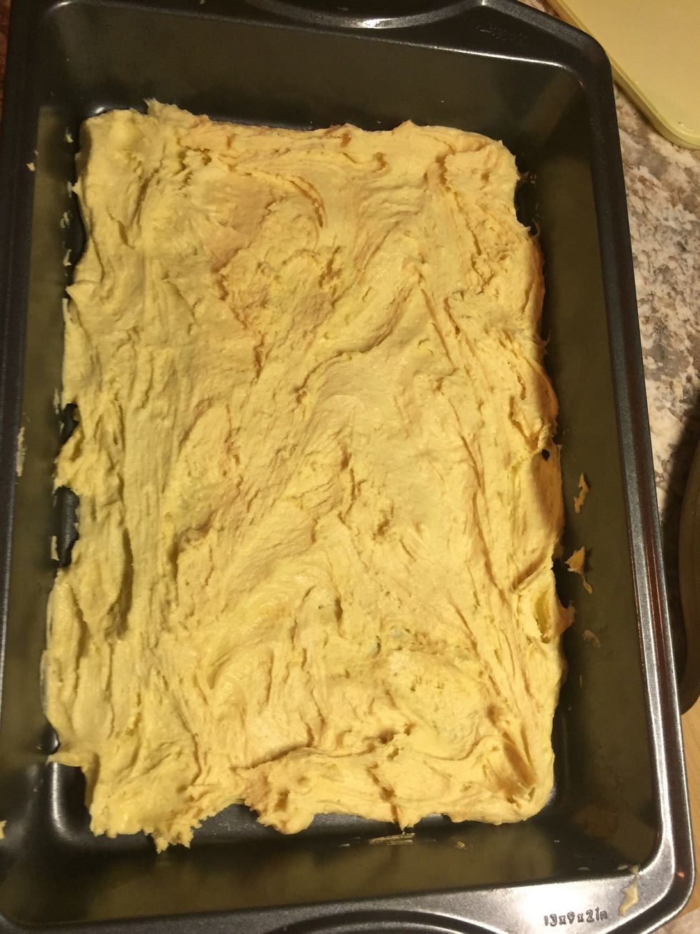 Then pat the mixture into a greased 13-by-9 inch baking pan