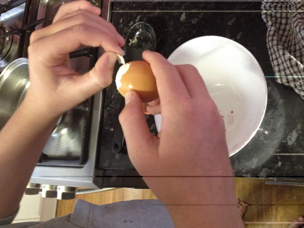 Then peel the shell off the eggs.