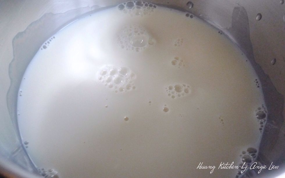 Then place 3/4 cup milk into a small saucepan over medium heat until bubbles appear.