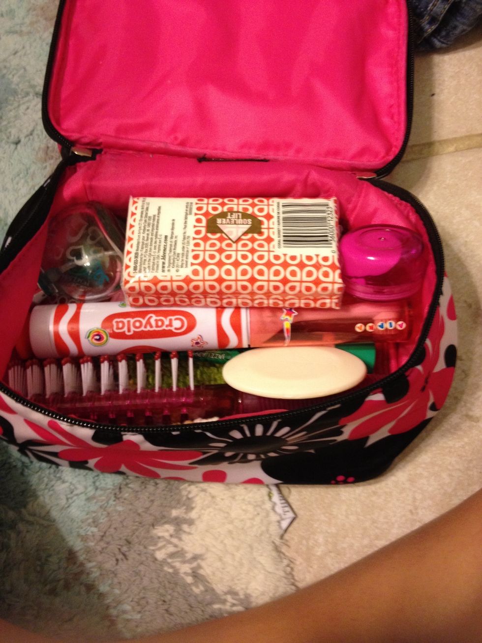 Then place face wash bar lotion tooth brush and perfume I added Kleenex pack for convenience :)