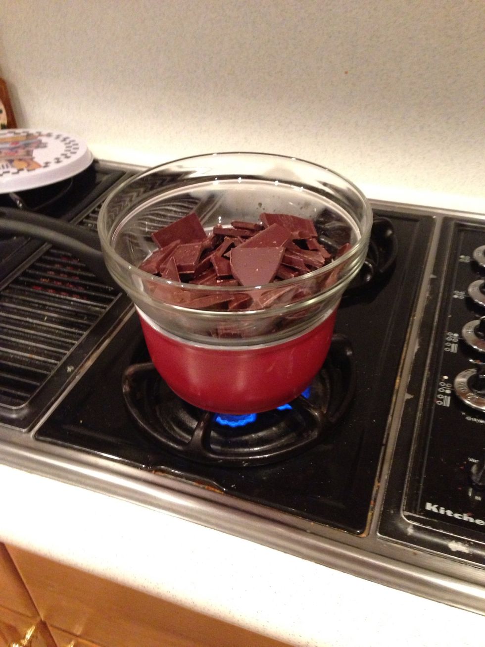 Then place your bowl of dark chocolate on top (break up your chocolate to smaller pieces)