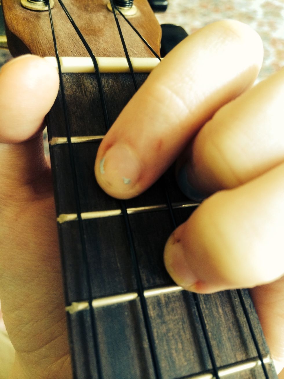 Then place your first finger on the second fret of the C string