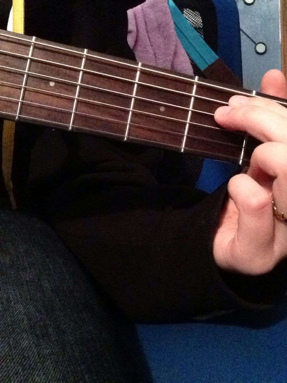 Then place your middle finger on the D string. This finger should be on the second fret too.
