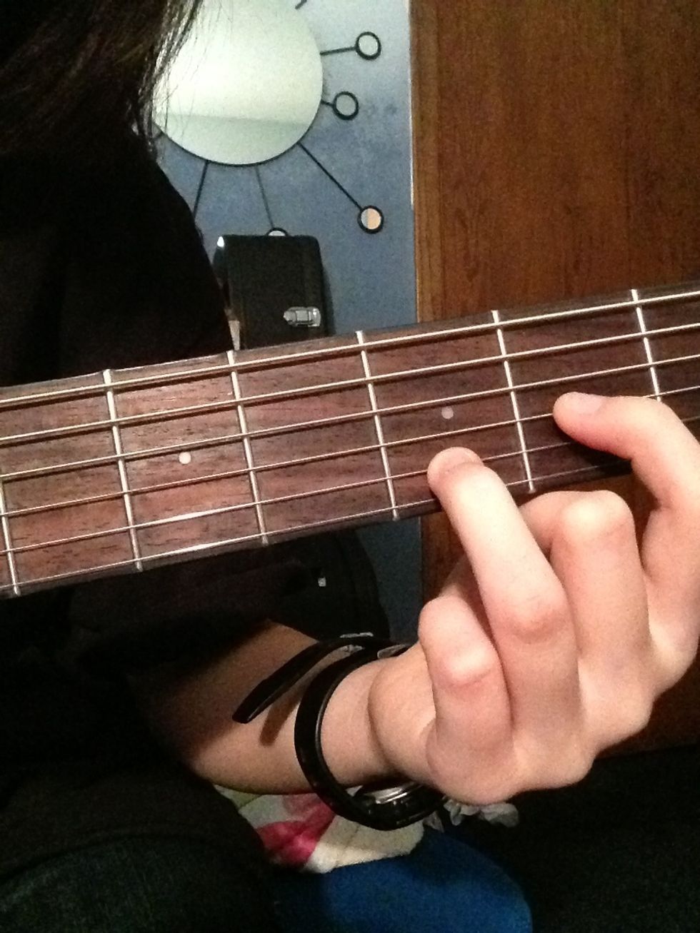 Then place your ring finger on the third fret of the B string.