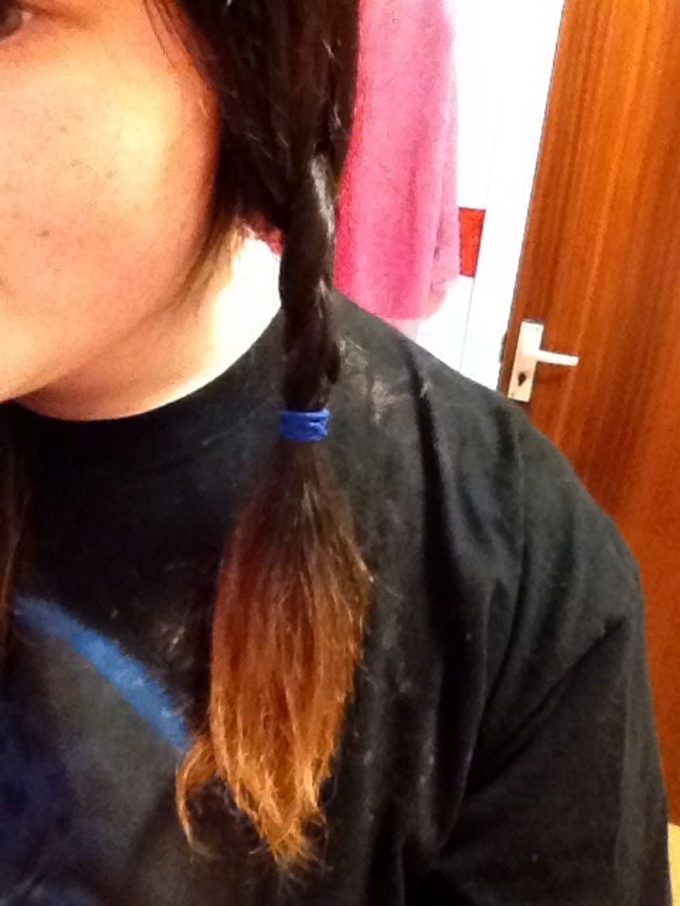 Then plait your hair. Don't plait the hair you want to dye, like I have done. I have already bleached the hair I'm going to dye, you may also need to do this if you have dark hair.