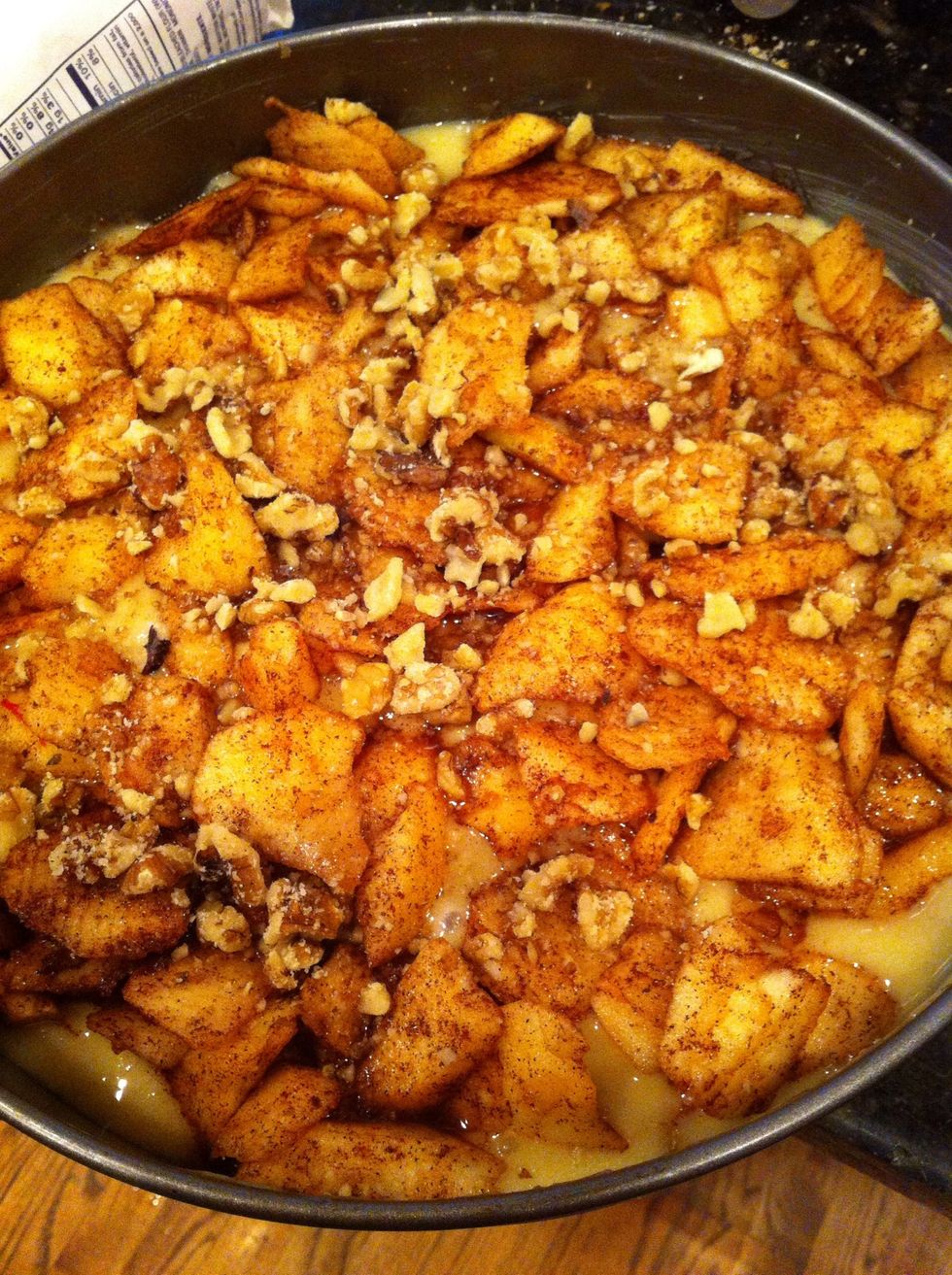Then pour 1/2 the apples & walnuts on batter,   Pour the last 1/2 of batter on top of this & then finish with remaining apples and walnuts :)