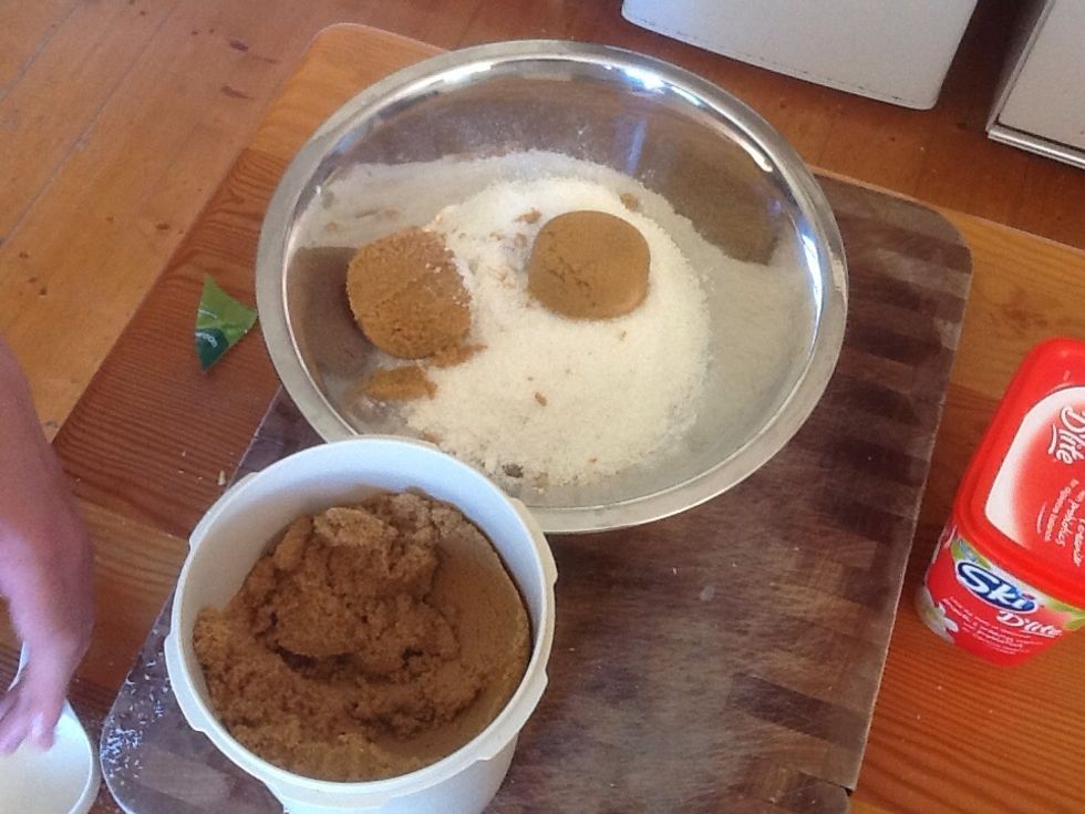 Then pour 2/3 a cup of firmly packed brown sugar.