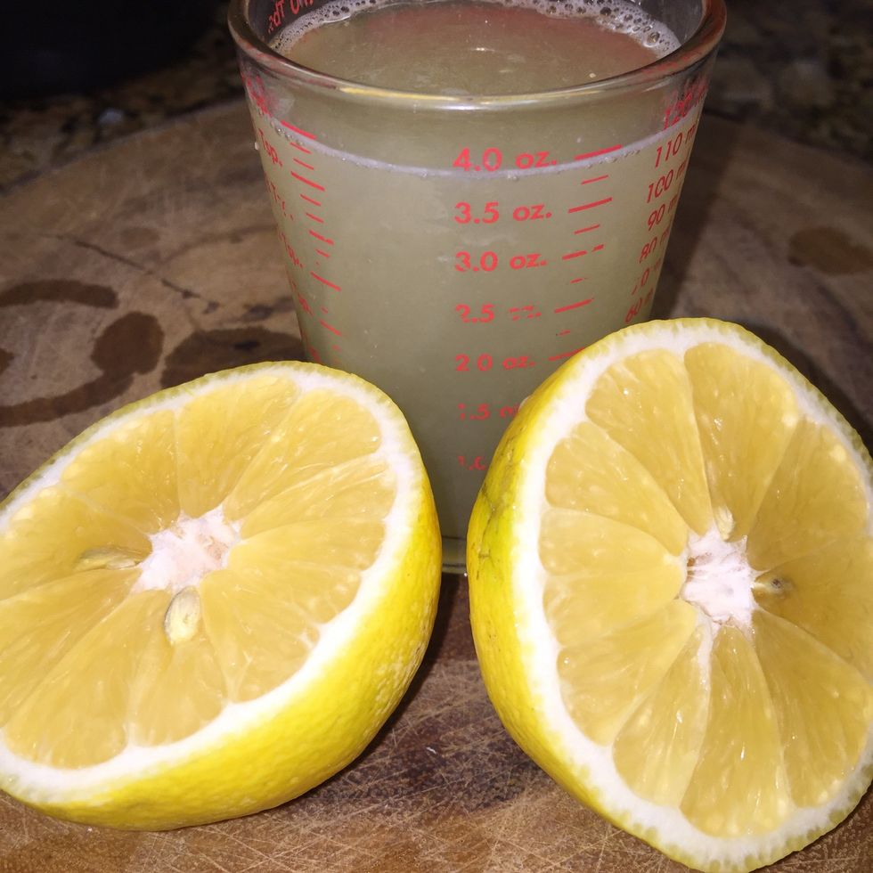 Then pour in 1/2 cup fresh lemon juice and the spices--2 tsp sea sat, 2 Tbl cumin and 1/4 tsp cayenne pepper.