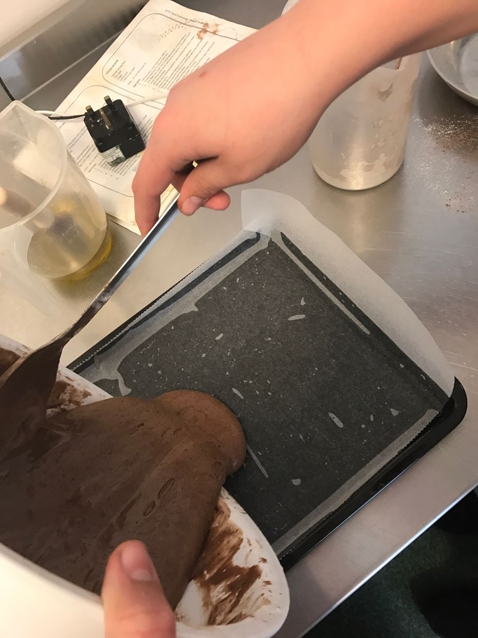 Then pour in to the baking tray and level out. Then put it into the oven for 10 minutes