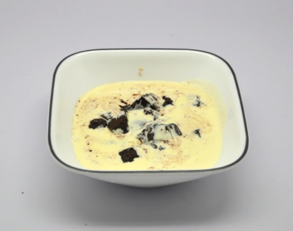 Then pour it over the chocolate and leave it alone! Don't do anything at all. Leave it alone for 5 minutes.