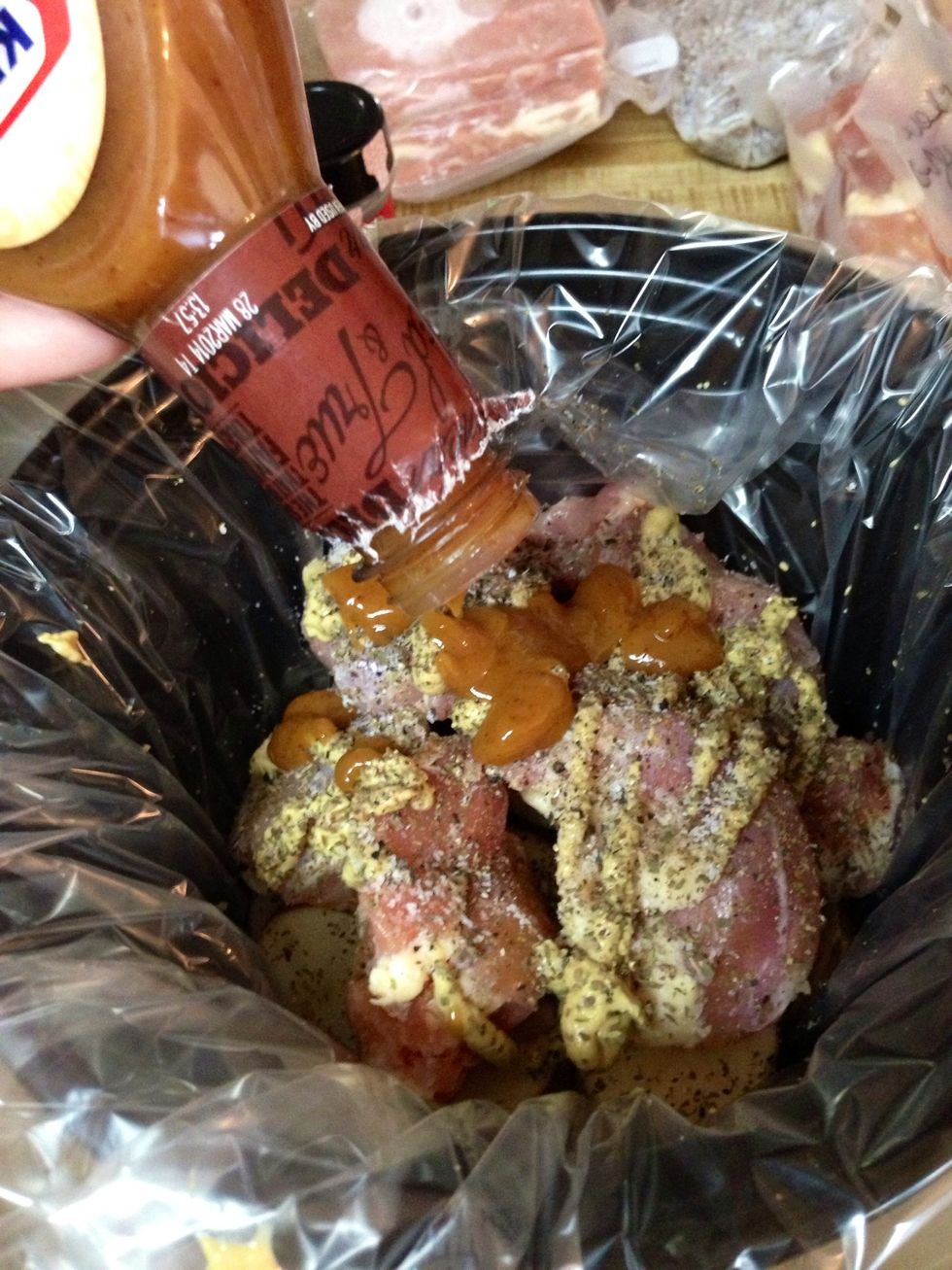 Then pour over Dijon mustard, tarragon, and honey Dijon BBQ sauce. Spread to coat. DO NOT add any liquid. It will make plenty. Put the lid on and put in the fridge. Done!