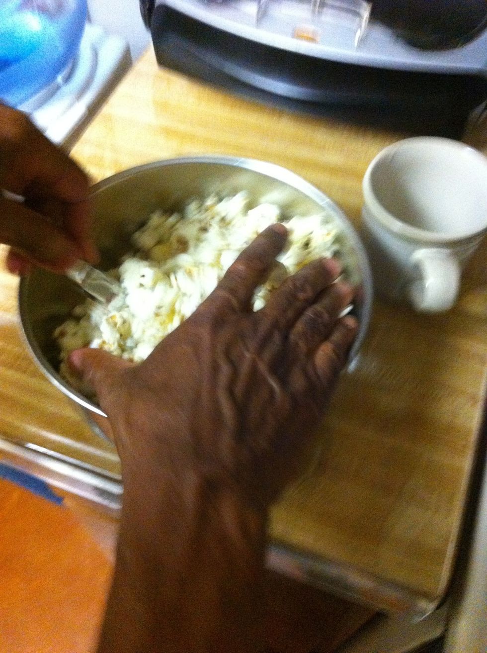 Then pour the butter and mix it like you did the salt.
