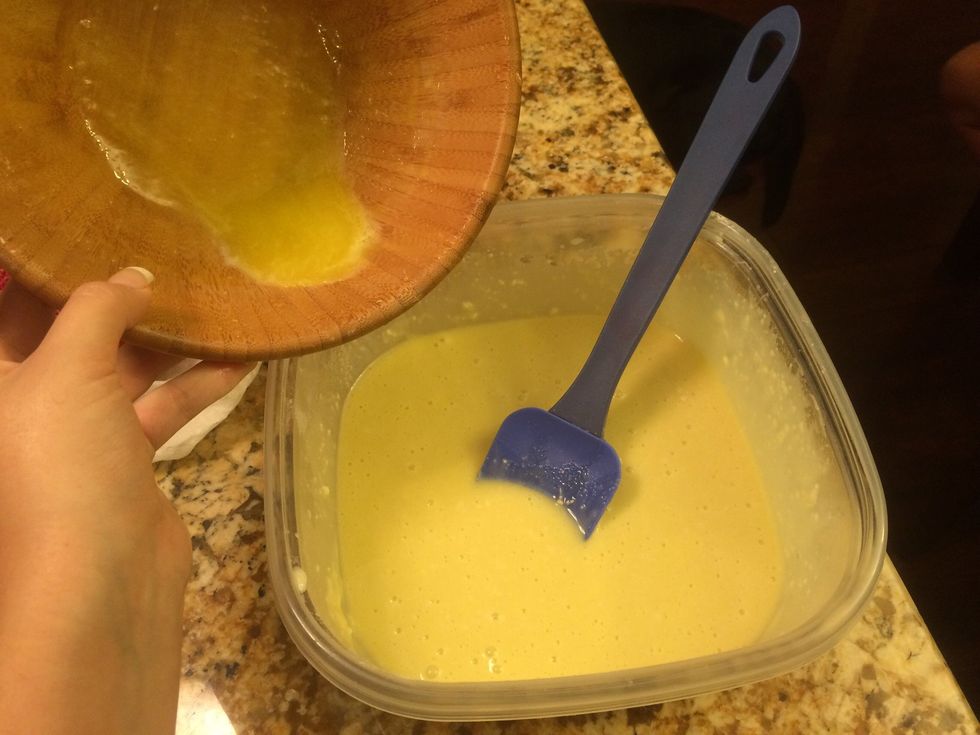 Then, pour the two mixtures into one bowl and stir for about two minuets. (Stir until mixture is smooth.)