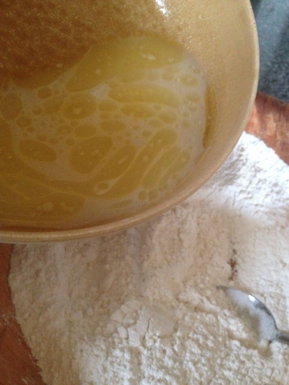 Then pour the wet mixture into the flour