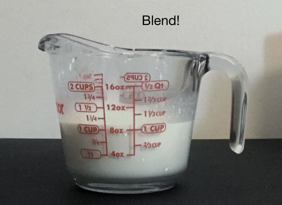 Then, pour those ingrediants in a measuring cup or bowl.  Now, blend.