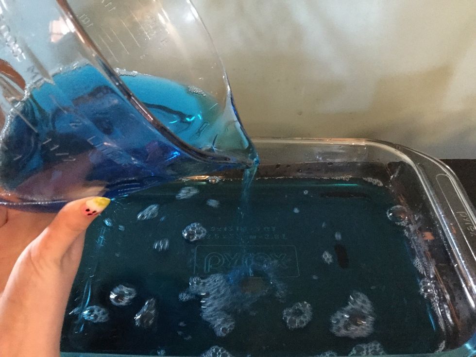 Then pour you jello-water mix into a flat glass Tupperware or pan