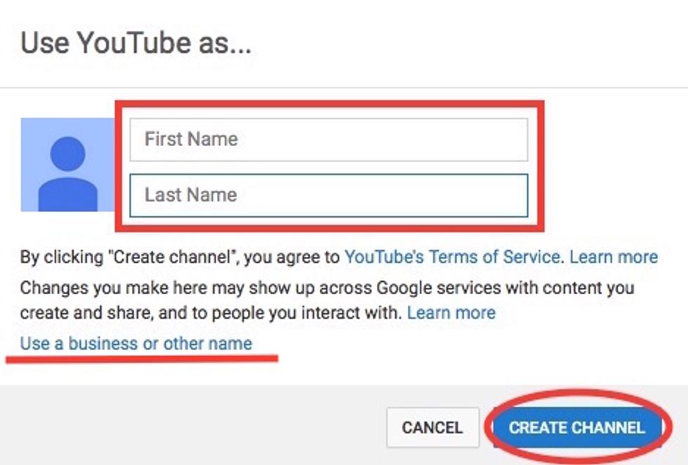Then proceed to YouTube and click "Create Channel" once you do this, this screen will pop up and explain what you are doing. Click "create channel"