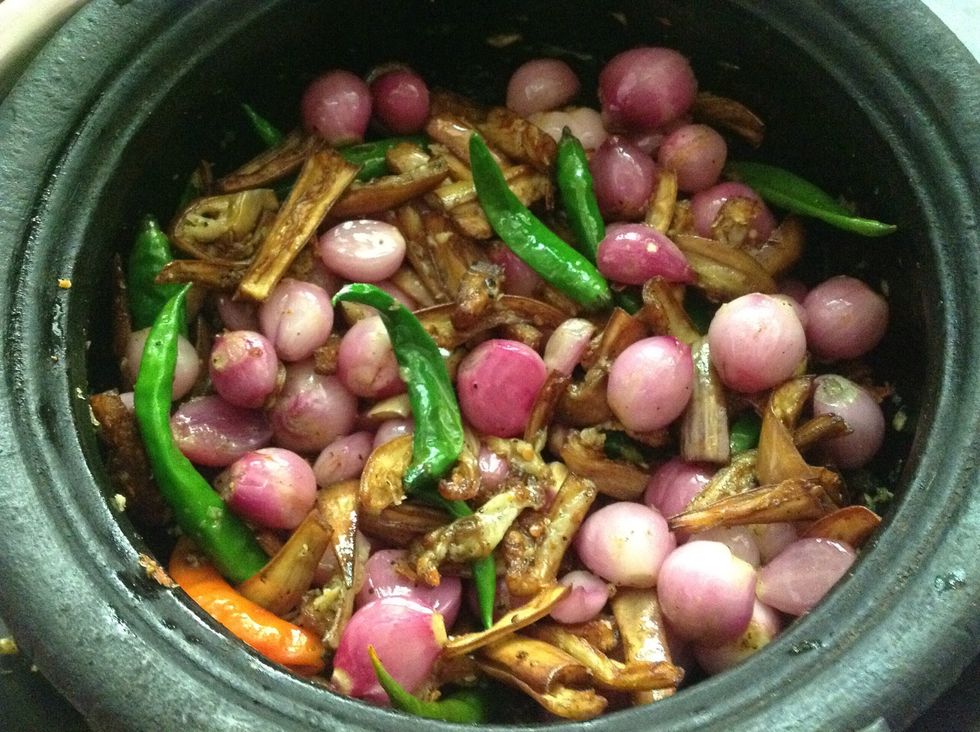 Then put all anion,spice,eggplant ..mix well.keep for cool and dry... Next put it all bottle