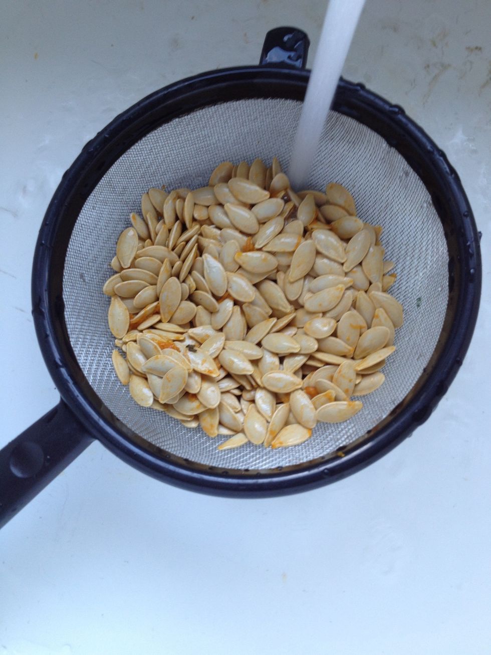 Then put in a strainer to remove any bits of the pumpkin threads.