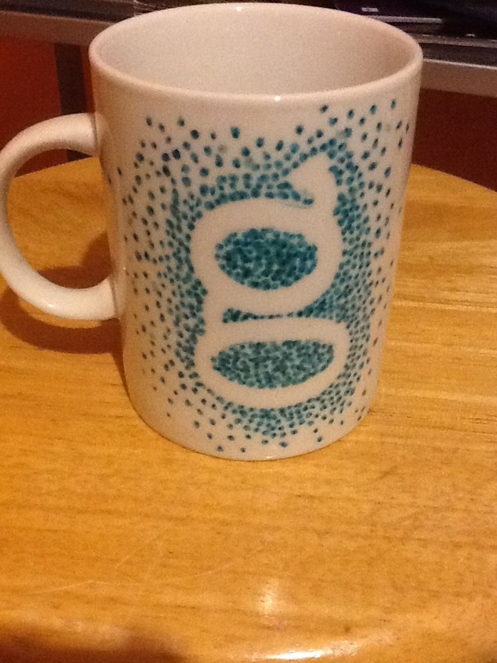 Then put it in the oven at 425 degrees and bake for 30 minutes. Do not take it out after the 30 minutes! Turn your oven off and leave the mug in there to cool. My green turned out blue:( oh well!