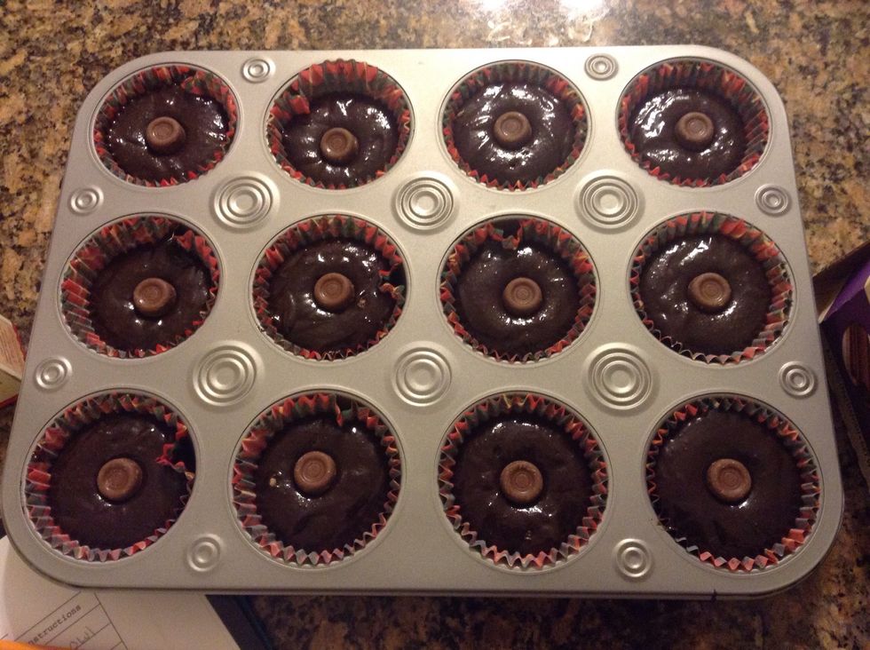 Then put mix in cup cake pan with rolos