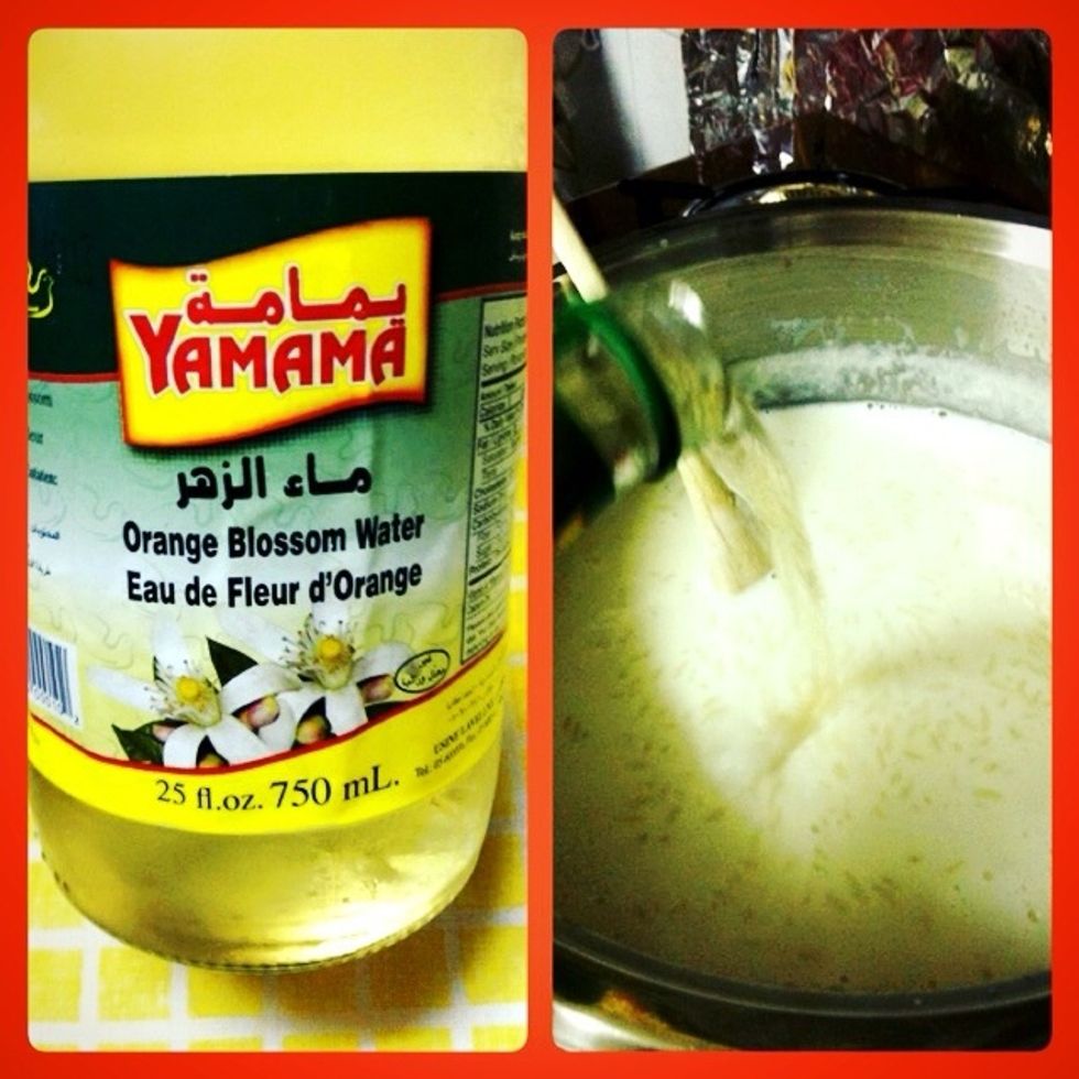 Then Put orange blossom water on the mix and mix. (We put the oranga blossom after we off the oven because if you put it will the oven is still on then it will give you a bitter taste)