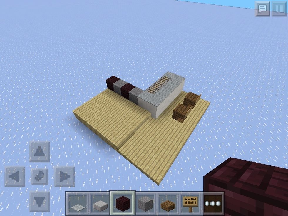 Then, put planks in this pattern. Don't put the stone and nether brick- that is for measurement, so you know to four blocks out.